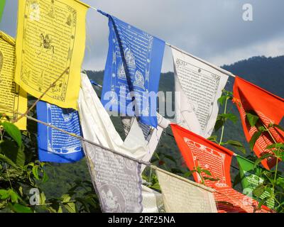 Data: 14 ottobre 2022. Dehradun, Uttarakhand, India. Le bandiere di preghiera tibetane adornano i sentieri e le vette dell'Himalaya. Benedizioni in tessuto colorato e rettangolare. Foto Stock