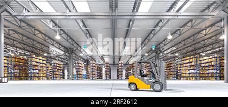 interno di un enorme magazzino vuoto con un carrello elevatore in primo piano. rendering 3d. Foto Stock