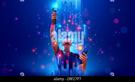 Videogamer VR con gamepad 3d, occhiali per visore per realtà virtuale nel cyberspazio di metaversi. L'uomo guarda in alto, si tiene sopra la testa del controller VR AR Illustrazione Vettoriale