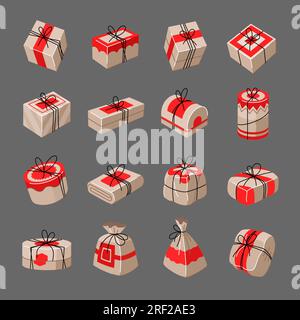 Un set di regali confezionati in scatole, pacchetti, borse con elementi rossi Illustrazione Vettoriale