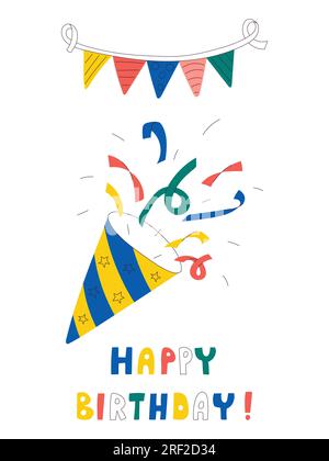 Biglietto di compleanno con poppers, bandiere e parole disegnate a mano buon compleanno. Illustrazioni luminose e alla moda su sfondo bianco. Cartolina vettoriale a colori in fla Illustrazione Vettoriale