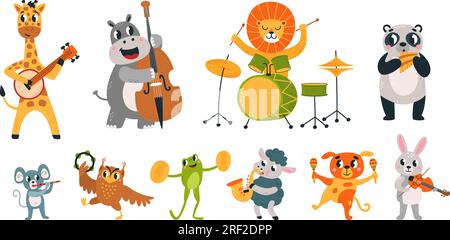 Esibizione di una festa con musicisti animali. Gli animali divertenti suonano un concerto musicale. Strumenti musicali, musicisti della fauna selvatica dei cartoni animati, personaggi vettoriali di classe dello zoo Illustrazione Vettoriale