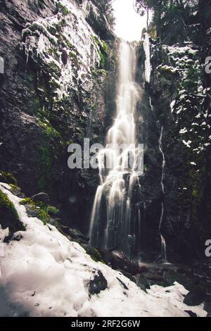 La splendida cascata Burgbach nella Foresta Nera in Germania. Questa cascata cade in una bianca valle di neve Foto Stock