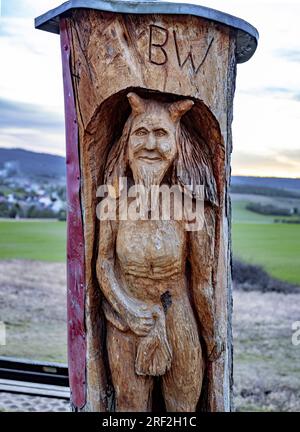 Figura del diavolo scolpita nella formazione rocciosa Hamburger Wappen, riserva naturale di Teufelsmauer, Germania, Sassonia-Anhalt, Timmenrode Foto Stock