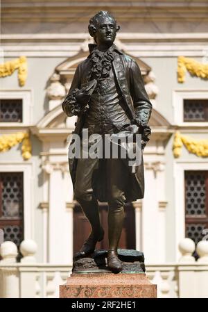 Monumento Goethe sul Naschmarkt di fronte alla vecchia Borsa, Germania, Sassonia, Lipsia Foto Stock