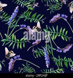 Modello senza cuciture con Vetch vegetale e bumblebee. Illustrazione ad acquerello per involucro, tessuto, tessuto Foto Stock