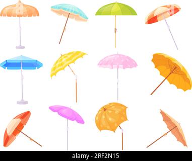 Ombrelloni da spiaggia Cartoon. Ombrellone a righe e ombrellone estivo per il turismo estivo in piscina, giardino o mare, protezione solare, ombrelli rossi, bella illustrazione vettoriale di ombrellone per la protezione Illustrazione Vettoriale