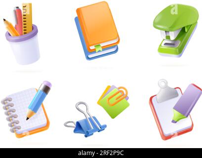Strumenti di rendering per ufficio. articoli di cancelleria isometrica 3d, strumenti di studio scolastici o forniture di società finanziarie per ordini di gestione, pinzatrice realistica per clip di oggetti, illustrazione vettoriale esatta Illustrazione Vettoriale