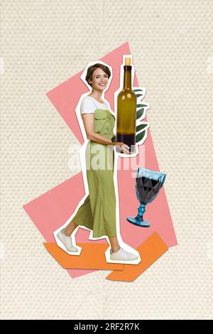 Banner fotografico modello di affissioni collage di giovane donna che tiene bottiglia di vetro alcool wine bar occasione festa isolato su sfondo beige Foto Stock