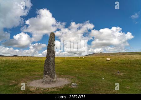 Menhir des Megalithkomplex von Merrivale, Dartmoor, Devon, Inghilterra, Großbritannien, Europa | pietra dell'insediamento preistorico di Merrivale, Foto Stock