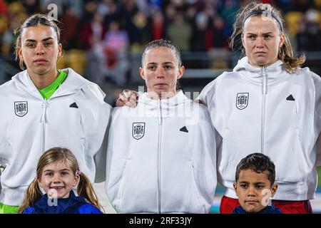 Wellington, Wellington, nuova Zelanda. 31 luglio 2023. I membri della squadra spagnola si schierano per l'inno nazionale prima della partita del gruppo C della Coppa del mondo femminile FIFA 2023 tra Giappone e Spagna al Wellington Regional Stadium di Wellington, nuova Zelanda (immagine di credito: ©James Foy/Alamy Live News) Foto Stock