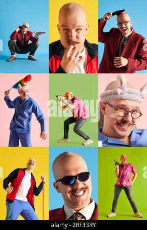 Collage fatto di immagini di un giovane e bello sorridente uomo in abiti di stile diverso che svolge attività diverse su sfondi multicolore. Foto Stock