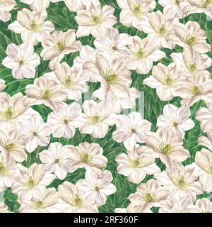 Illustrazione ad acquerello di fiori di clematis. Motivo denso senza cuciture realizzato a mano Foto Stock