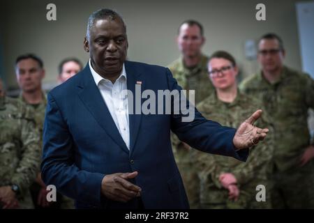 Townsville, Australia. 30 luglio 2023. STATI UNITI Il segretario alla difesa Lloyd Austin si rivolge alle truppe americane e australiane durante l'esercitazione militare multilaterale Talisman Sabre, il 30 luglio 2023 a Townsville, Queensland, Australia. Crediti: Chad McNeeley/DOD/Alamy Live News Foto Stock