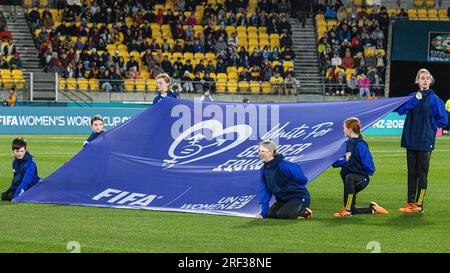 Wellington, Wellington, nuova Zelanda. Il 31 luglio, i portabandiera Unite Gender Equality sorreggono la bandiera prima della partita del gruppo C della Coppa del mondo femminile 2023 tra Giappone e Spagna al Wellington Regional Stadium di Wellington, nuova Zelanda (immagine di credito: ©James Foy/Alamy Live News) Foto Stock