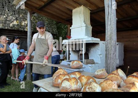 KIEV, UCRAINA - 29 LUGLIO 2023 - un dipendente della panetteria artigianale From Grain to Bread prende i panini dal forno con una buccia e li mette sul t Foto Stock