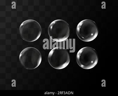 Set di bolle di sapone trasparenti realistiche con riflesso. Composizione isolata dell'insieme Illustrazione Vettoriale