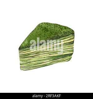 Dessert acquerello, una fetta di cheesecake verde biologico giapponese matcha miglio crepe. Illustrazione disegnata a mano isolata su sfondo bianco. Perfetto Foto Stock