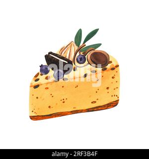 Dessert acquerello, mousse di mango con decorazioni. Illustrazione disegnata a mano isolata su sfondo bianco. Menu di piatti perfetti, disegno di cibo, design Foto Stock