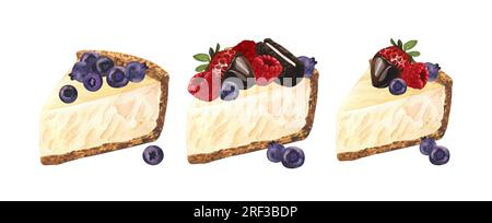 Dessert all'acquerello, cheesecake con frutti di bosco freschi fragole e mirtilli. Illustrazione disegnata a mano isolata su sfondo bianco Foto Stock