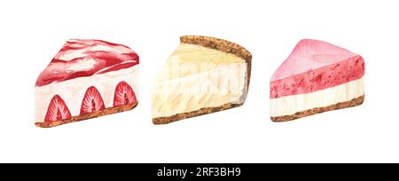 Dessert acquerello, cheesecake con fragole fresche. Illustrazione disegnata a mano isolata su sfondo bianco. Menu di cibo perfetto, disegno di cibo Foto Stock