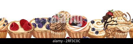 Dolce striscione acquerello senza cuciture, torte dolci colorate a fette di cheesecake con frutti di bosco. Illustrazione disegnata a mano isolata su bianco Foto Stock