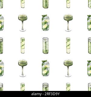 Motivo acquerello senza cuciture, bicchieri da cocktail: mojito, lime, matcha, cetriolo. Illustrazione disegnata a mano isolata su sfondo bianco. Perfetto per Foto Stock