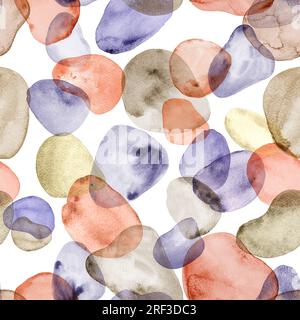 La colorazione astratta dell'acquerello forma lo sfondo colorato. Disegno a mano viola arancione marrone beige macchie fluide motivo senza cuciture. Texture acquerello. Stampa per te Foto Stock