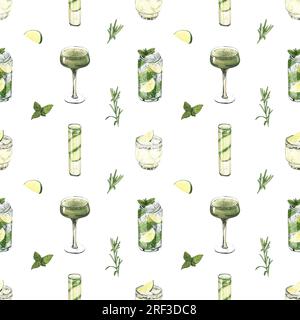 Motivo acquerello senza cuciture, bicchieri da cocktail: mojito, lime, matcha, cetriolo. Illustrazione disegnata a mano isolata su sfondo bianco. Perfetto per Foto Stock