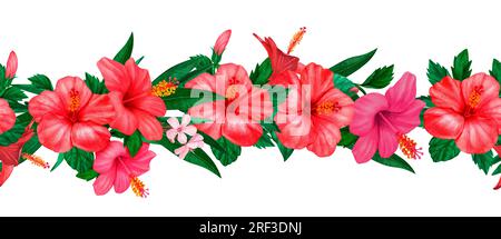 Fiori tropicali ad acquerello senza cuciture rosso e delicato ibisco rosa con foglie e bocciolo, composizione floreale hawaiana. Perfetto per cartoline, cartoline e cartellini Foto Stock