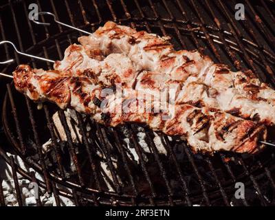 Primo piano di alcuni spiedini di carne grigliati in un barbecue. Vista frontale Foto Stock