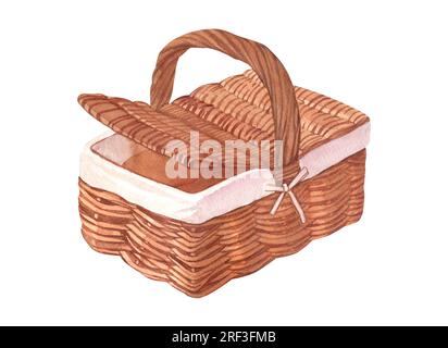 Cestino da picnic vuoto in vimini con manici e coperchio isolato su sfondo bianco. Illustrazione a mano, clipart disegnato a mano isolato su un bianco Foto Stock