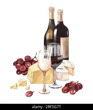 Illustrazione ad acquerello dei due bicchieri di bottiglia di vino rosso, uva e parmigiano. Immagine drink isolata su sfondo bianco. Concetto Foto Stock