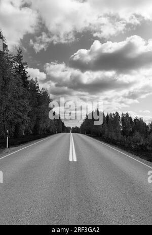 Doppia linea bianca lungo l'autostrada 912 nella regione finlandese di Lentiirantie. Giugno 2023 Foto Stock