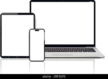 Computer portatile, tablet e telefono cellulare. Mockup di dispositivi dettagliati e realistici con disposizione piatta Illustrazione Vettoriale