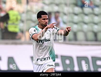 30 luglio 2023: Arena Indipendent&#xea;ncia, Belo Horizonte, Minas Gerais, Brasile. Campeonato Brasileiro Football League, América Mineiro contro Palmeiras Murilo Cerqueira di Palmeiras celebra il suo gol per il 0-1 al 18° minuto Foto Stock