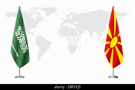 Arabia Saudita e Macedonia del Nord bandiere per un incontro ufficiale sullo sfondo della mappa mondiale. Illustrazione Vettoriale