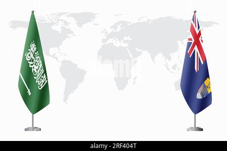 Arabia Saudita e Sant'Elena bandiere per un incontro ufficiale sullo sfondo della mappa mondiale. Illustrazione Vettoriale