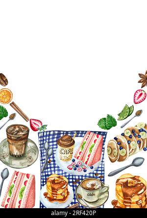 Illustrazione a colori, cibo, pancake a bacche, tè alla frutta, caffè, snack, set artistico, stampa jpeg e stampa a sublimazione Foto Stock