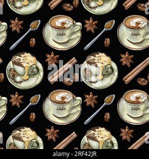 Set di motivi per caffè e latte ad acquerello Foto Stock