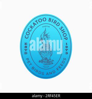Modello logo simbolo vettore astratto Bird PET Shop. Silhouette pappagallo Cockatoo disegnata a mano con bordi e tipografia. Uccello esotico di alta qualità Illustrazione Vettoriale