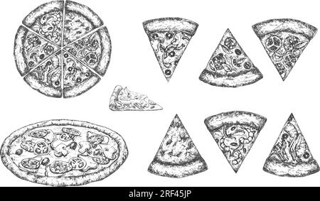 Set di schizzi disegnati a mano per pizza. Italian Food Vector Illustrations Collection. Cucina italiana naturale Doodle isolato Illustrazione Vettoriale