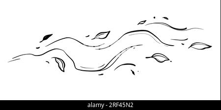 Set di schizzi per la linea di doodle del vento delle foglie. Movimento del vento a doodle disegnato a mano, soffiaggio ad aria, elementi che cadono dalle foglie. Disegnare aria, concetto autunnale di caduta. Illustrazione vettoriale isolata. Illustrazione Vettoriale