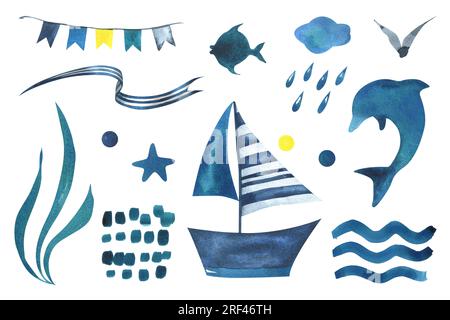 Barca a vela a strisce blu con delfini, onde, pesci, nastri, bandiere, bolle. Illustrazione ad acquerello disegnata a mano in stile bambino. Set di Foto Stock