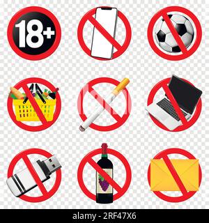 Serie di segnali di divieto. Segnali proibiti isolati su sfondo trasparente. Illustrazione Vettoriale