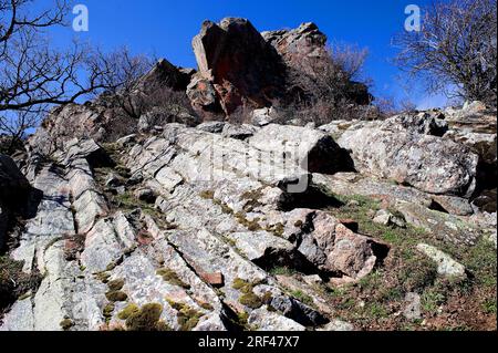 Riolite colonnare. La riolite è una roccia estrusiva o vulcanica. Questa foto è stata scattata a Peña del Castillo, Sierra de Albarracin, Teruel, Spagna. Foto Stock