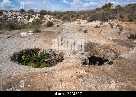 Chasms in gesso carsico con esparto erba e gesso vegetazione. Parco Naturale Sorbas, Almeria, Andalusia, Spagna. Foto Stock