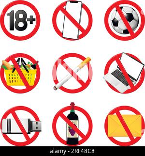 Niente cellulare, niente giochi, niente picnic, niente bevande, niente fumo, niente spam, non usare cartelli per laptop e unità flash. Set di segnali proibiti o vietati isolato. Illustrazione Vettoriale