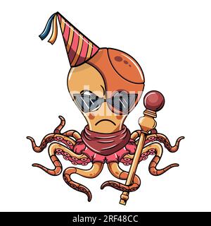 Personaggio del polipo cyborg dei cartoni animati che festeggia con un cappello di compleanno e con in mano uno scettro. Illustrazione per fumetti fantasy, fantascienza e avventura Illustrazione Vettoriale