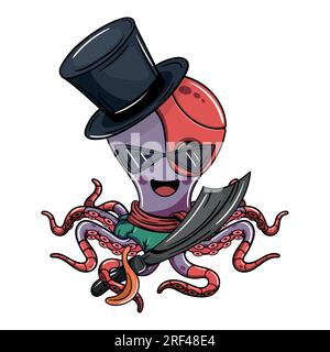 Personaggio del polipo cyborg con cappello pirata e spada. Illustrazione per fumetti fantasy, fantascienza e avventura Illustrazione Vettoriale